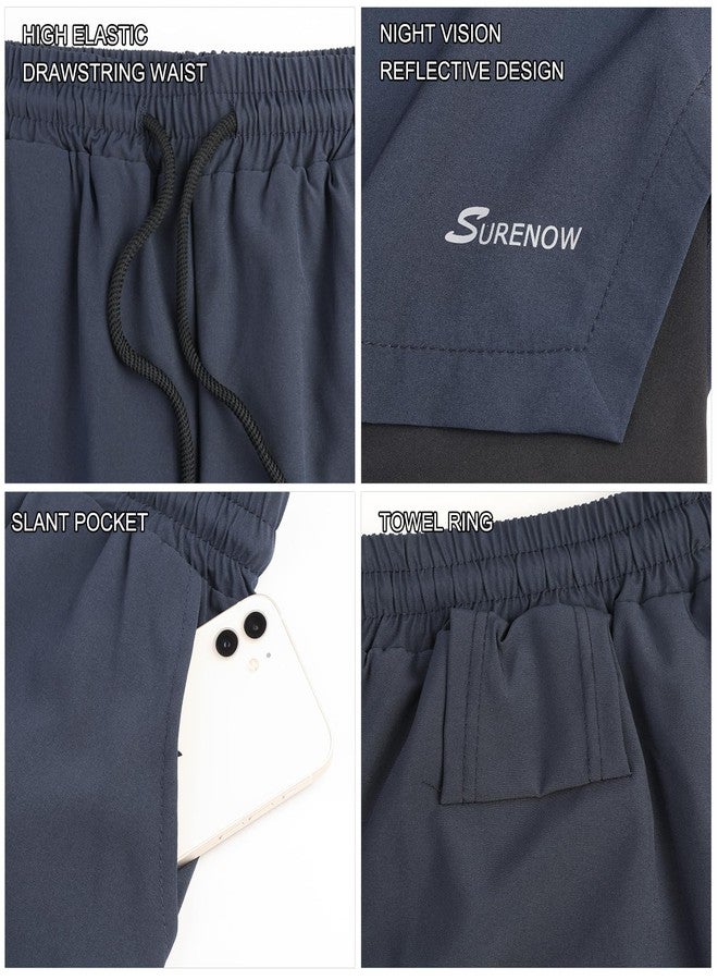 Surenow شورت رياضي رجالي من Surenow، قطعتان في قطعة واحدة، سريع الجفاف، مزود ببطانة داخلية، مناسب للتمارين الرياضية، مزود بجيوب بسحاب وحلقة للمنشفة، لون أزرق داكن - Image 4